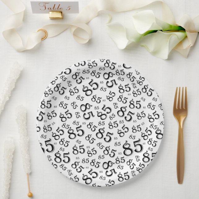 85th Party Random Number Pattern Black/White Paper Plates (Wedding)