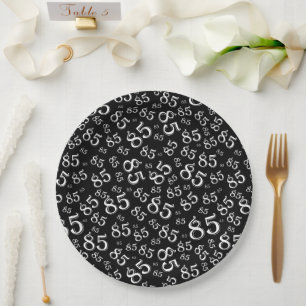 85th Party Random Number Pattern Black/White Paper Plates