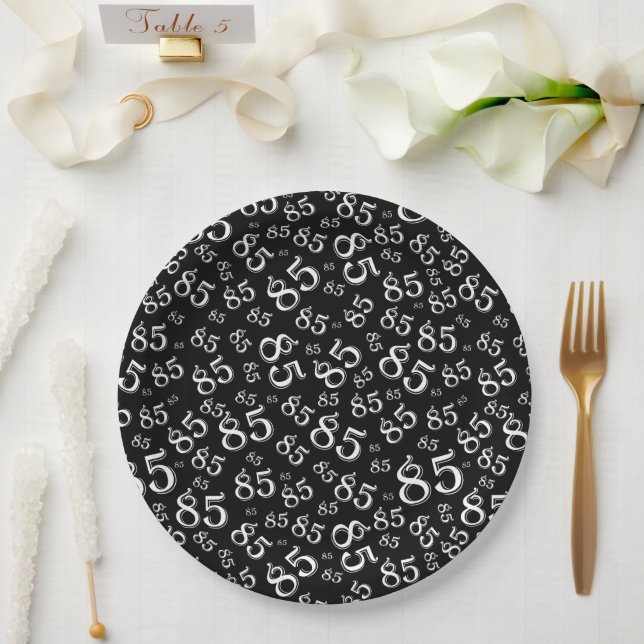85th Party Random Number Pattern Black/White Paper Plates (Wedding)