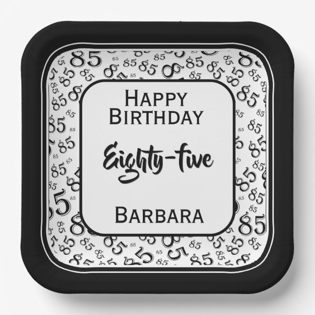 85th Party Random Number Pattern Black/White Paper Plates (Front)