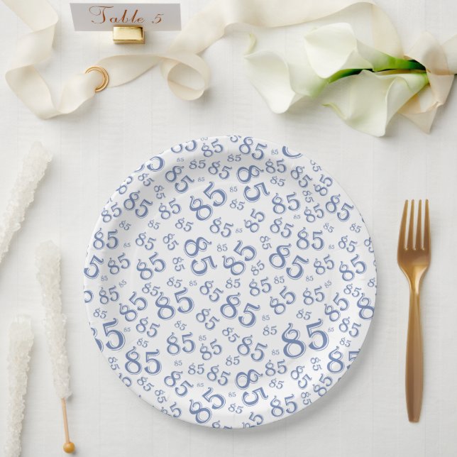 85th Party Random Number Pattern Blue/White Paper Plates (Wedding)