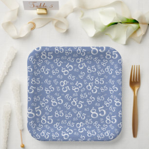 85th Party Random Number Pattern Blue/White Paper Plates