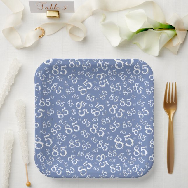 85th Party Random Number Pattern Blue/White Paper Plates (Wedding)