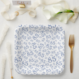 85th Party Random Number Pattern Blue/White Paper Plates
