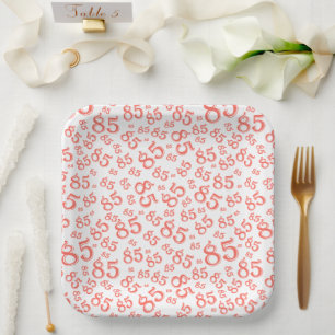 85th Party Random Number Pattern Coral/White Paper Plates