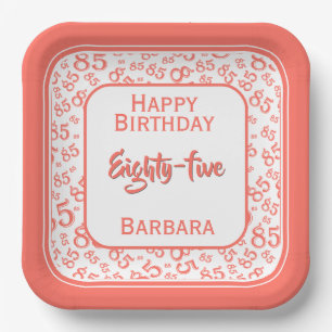 85th Party Random Number Pattern Coral/White Paper Plates