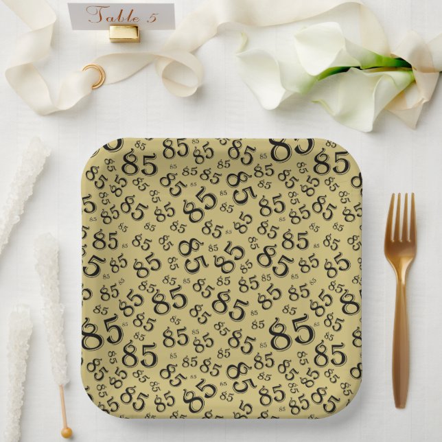 85th Party Random Number Pattern Gold/Black Paper Plates (Wedding)