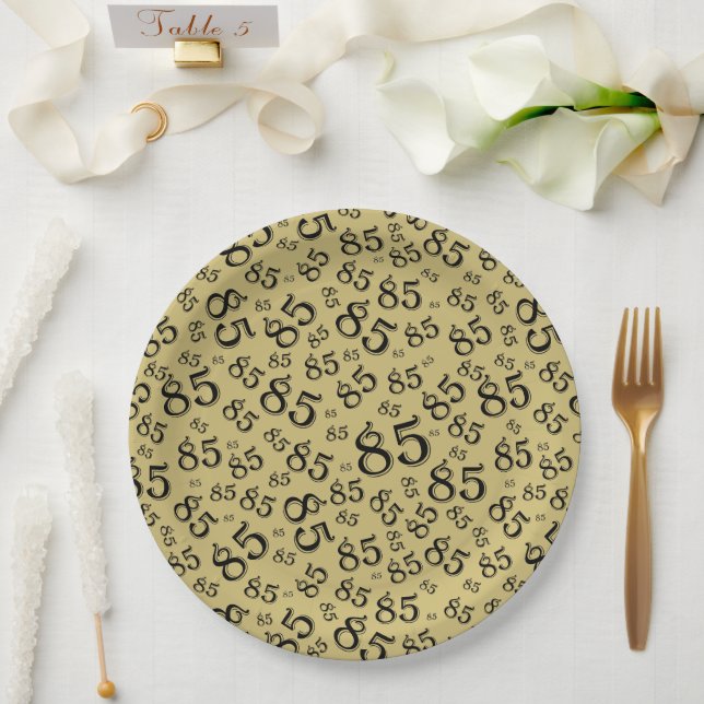 85th Party Random Number Pattern Gold/Black Paper Plates (Wedding)