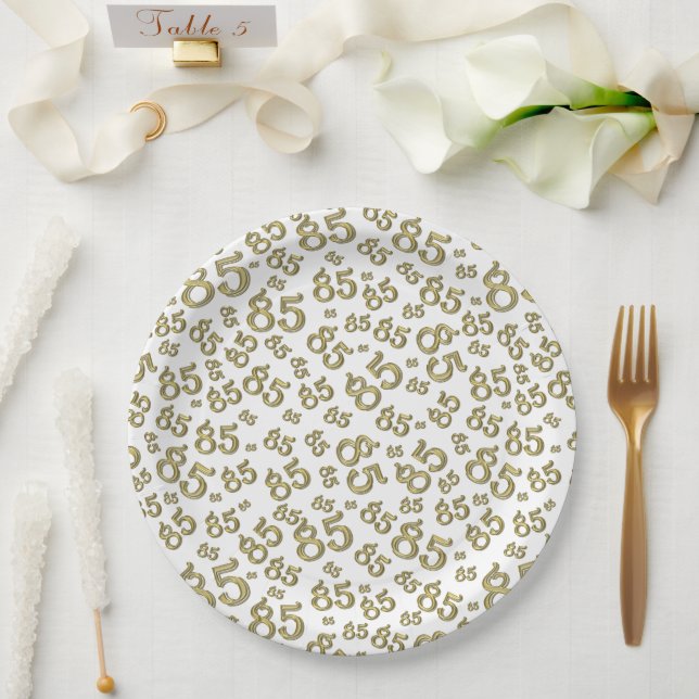 85th Party Random Number Pattern Gold/White Paper Plates (Wedding)