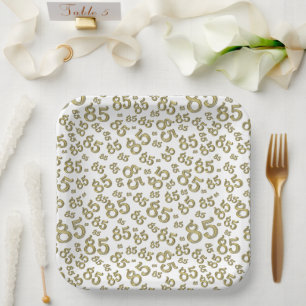 85th Party Random Number Pattern Gold/White Paper Plates
