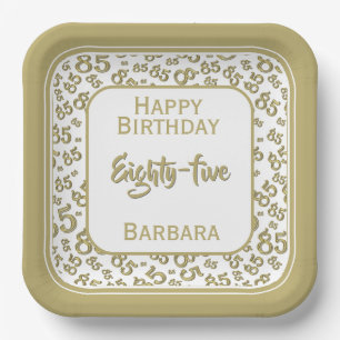 85th Party Random Number Pattern Gold/White Paper Plates