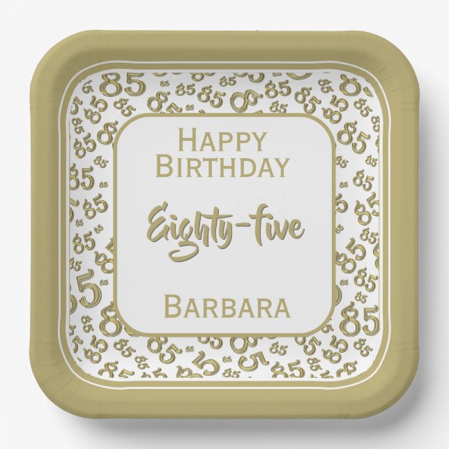 85th Party Random Number Pattern Gold/White Paper Plates (Front)