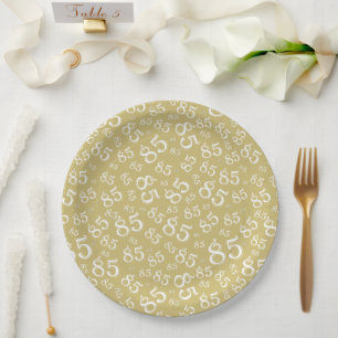 85th Party Random Number Pattern Gold/White Paper Plates