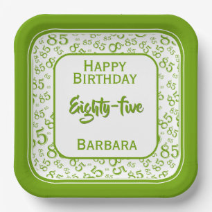 85th Party Random Number Pattern Green/White Paper Plates