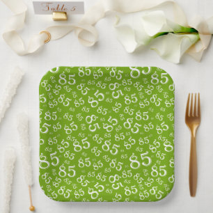 85th Party Random Number Pattern Green/White Paper Plates