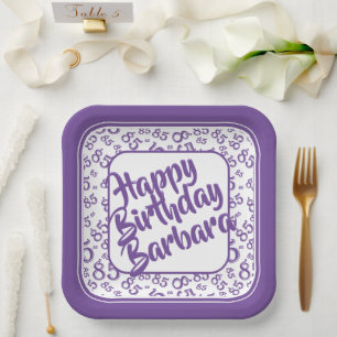 85th Party Random Number Pattern Purple/White Paper Plates