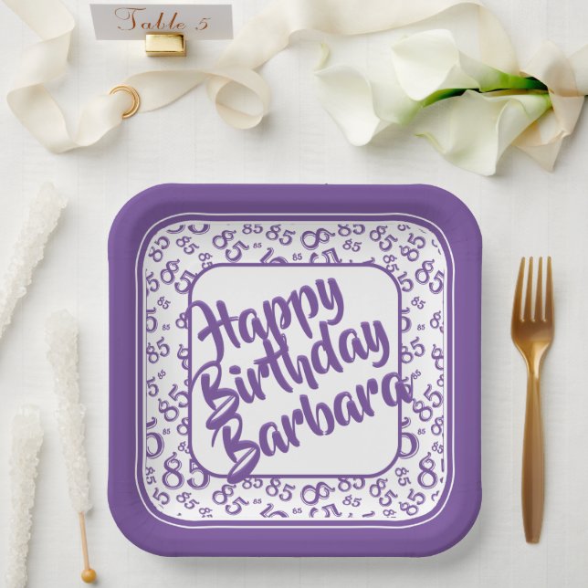 85th Party Random Number Pattern Purple/White Paper Plates (Wedding)