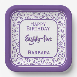 85th Party Random Number Pattern Purple/White Paper Plates