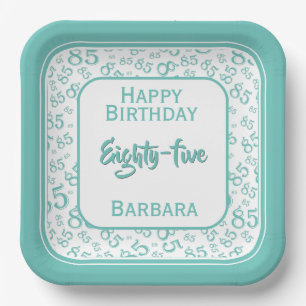 85th Party Random Number Pattern Teal/White Paper Plates