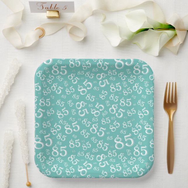 85th Party Random Number Pattern Teal/White Paper Plates (Wedding)