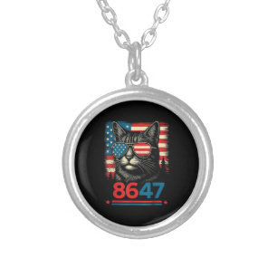 8647 86 47 Funny Cat USA Flag Sunglasses Men Women Silver Plated Necklace