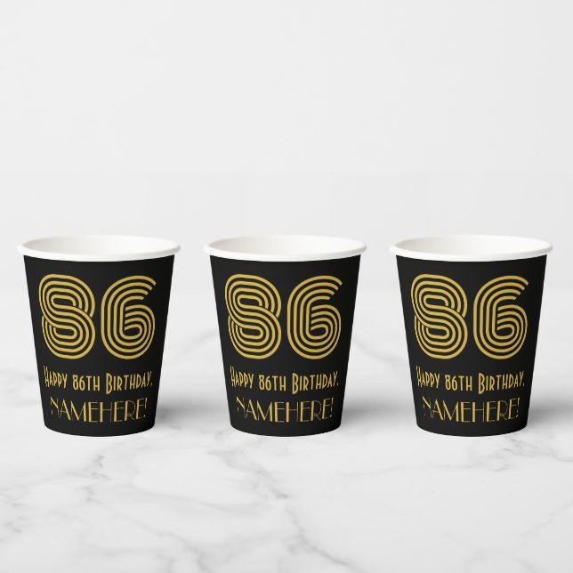 86th Birthday: Art Deco Inspired Look “86” & Name Paper Cups (Multi)