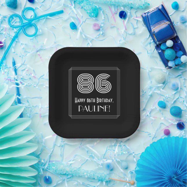 86th Birthday — Art Deco Inspired Look “86” + Name Paper Plates (Party)