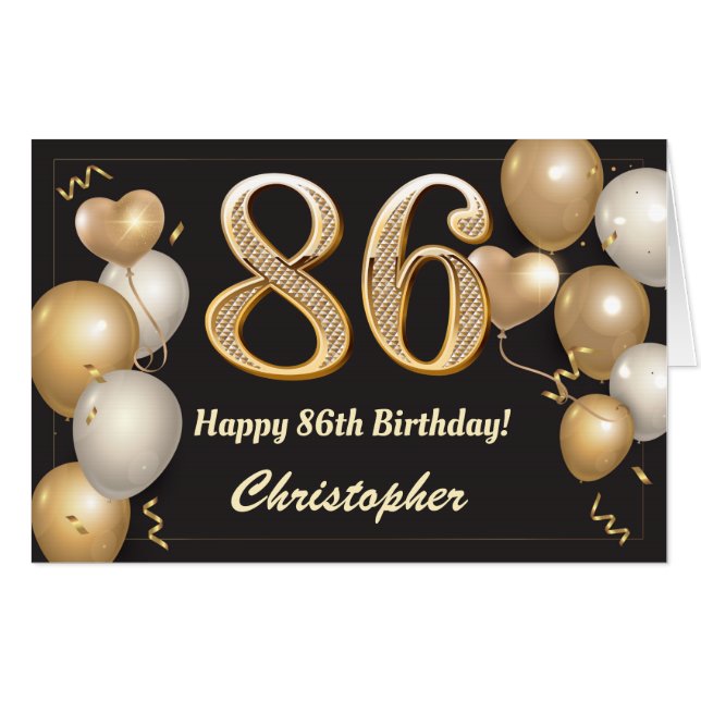 86th Birthday Black and Gold Balloons Extra Large Card (Front Horizontal)