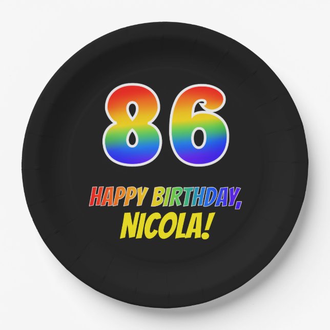 86th Birthday: Bold, Fun, Simple, Rainbow 86 Paper Plates (Front)