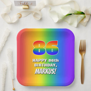 86th Birthday: Colorful, Fun Rainbow Pattern # 86 Paper Plates