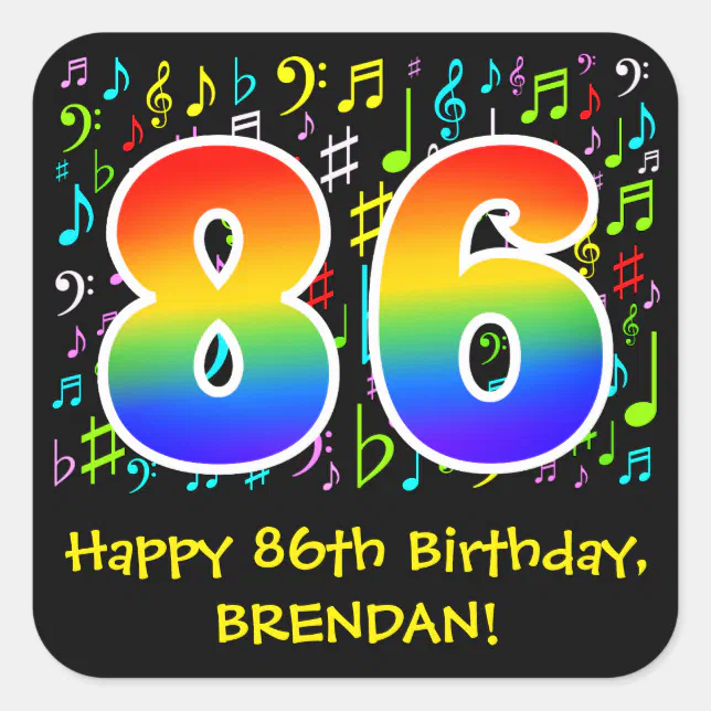 86th Birthday: Colorful Music Symbols, Rainbow 86 Square Sticker | Zazzle