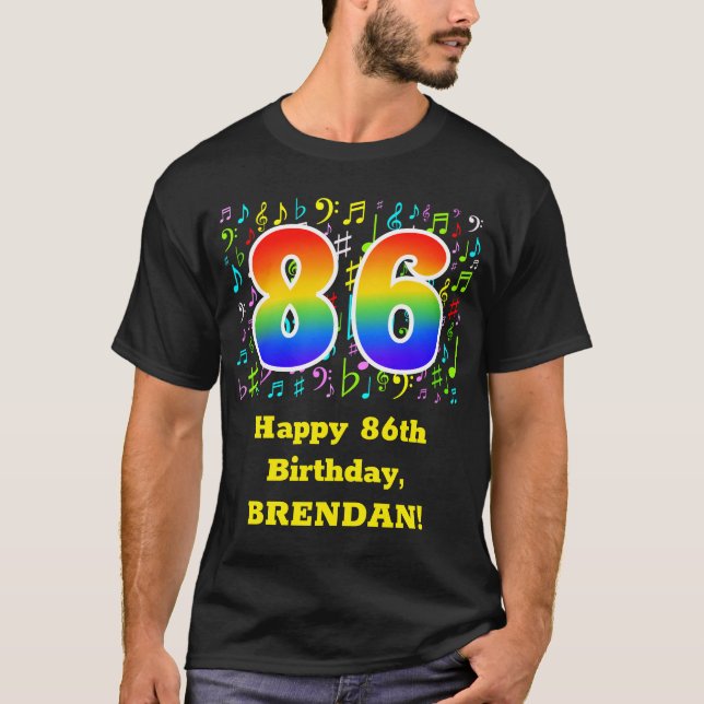 86th Birthday: Colorful Music Symbols, Rainbow 86 T-Shirt (Front)