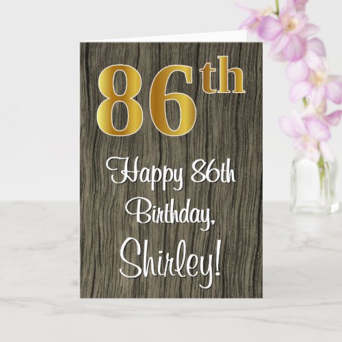 86th Birthday Elegant Faux Gold Look  Faux Wood Card