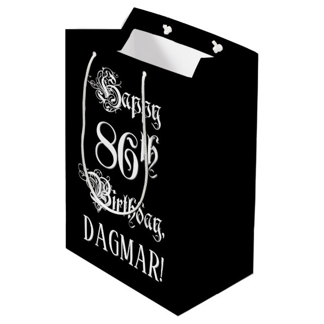 86th Birthday: Fancy, Elegant Script + Custom Name Medium Gift Bag (Back Angled)