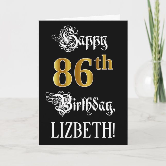 86th Birthday — Fancy Script; Faux Gold Look; Name Card (Front)