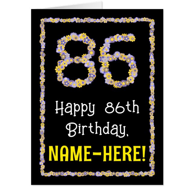 86th Birthday: Floral Flowers Number “86” + Name Card (Front)