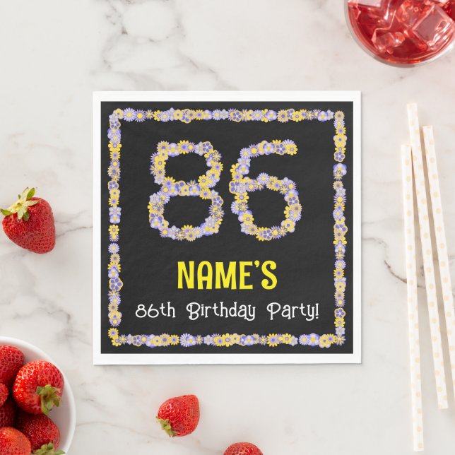 86th Birthday: Floral Flowers Number, Custom Name Napkins (Insitu)
