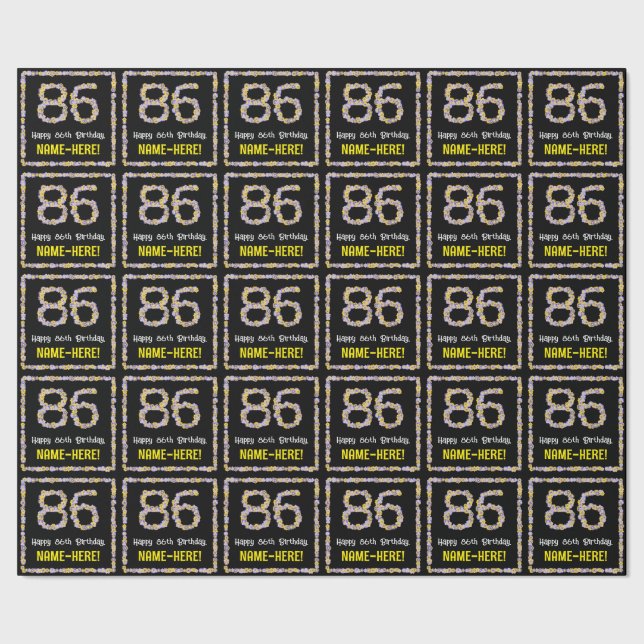 86th Birthday: Floral Flowers Number, Custom Name Wrapping Paper (Seam)