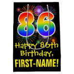 [ Thumbnail: 86th Birthday: Fun Fireworks Pattern + Rainbow 86 Gift Bag ]