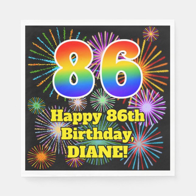 86th Birthday: Fun Fireworks Pattern + Rainbow 86 Napkins (Front)