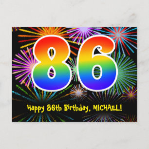 86th Birthday – Fun Fireworks Pattern + Rainbow 86 Postcard