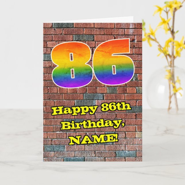 86th Birthday: Fun Graffiti-Inspired Rainbow 86 Card (Yellow Flower)