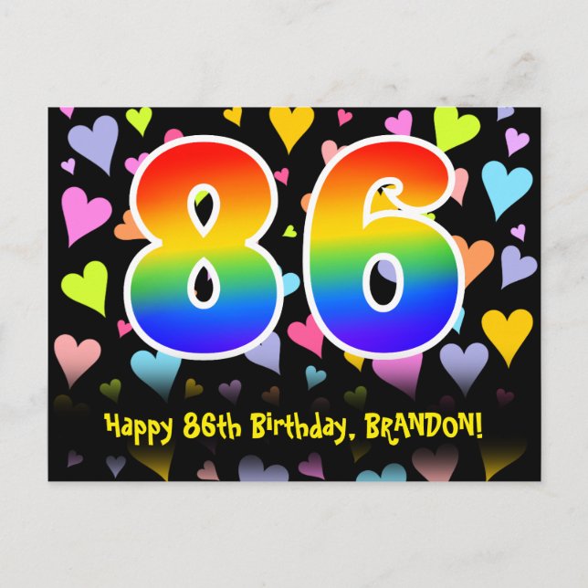 86th Birthday: Fun Hearts Pattern, Rainbow 86 Postcard (Front)