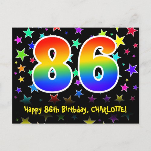 86th Birthday Fun Stars Pattern Rainbow 86 Name Postcard