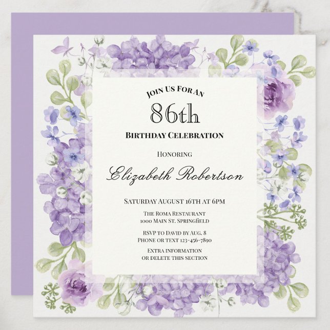 86th Birthday Invitation Elegant Purple Flowers (Creator Uploaded)