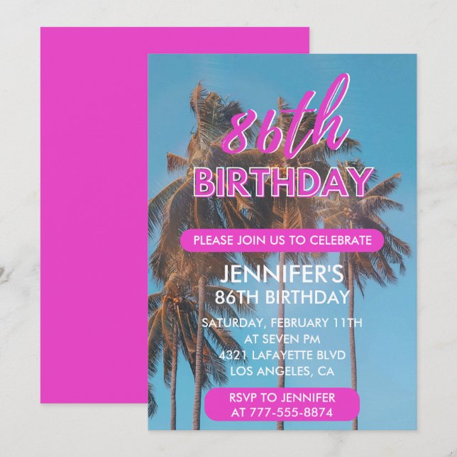 86th birthday invitation Summer Pink Palm tree (Front/Back)