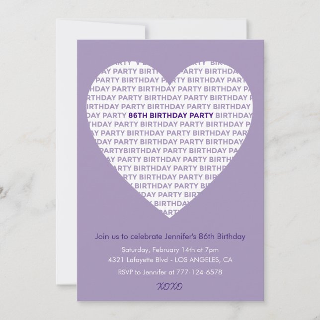 86th birthday invitation typography xoxo  (Front)