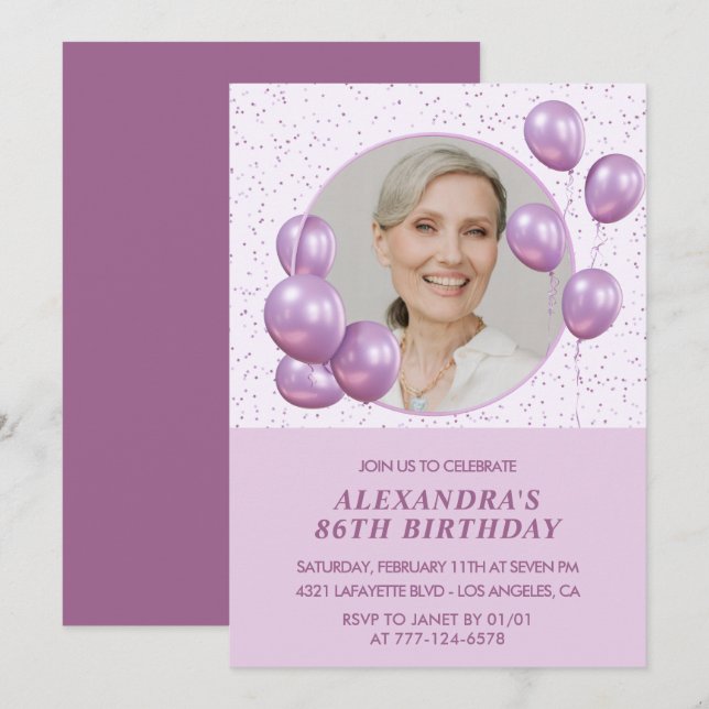 86th birthday invitations Photo Purple Balloons (Front/Back)