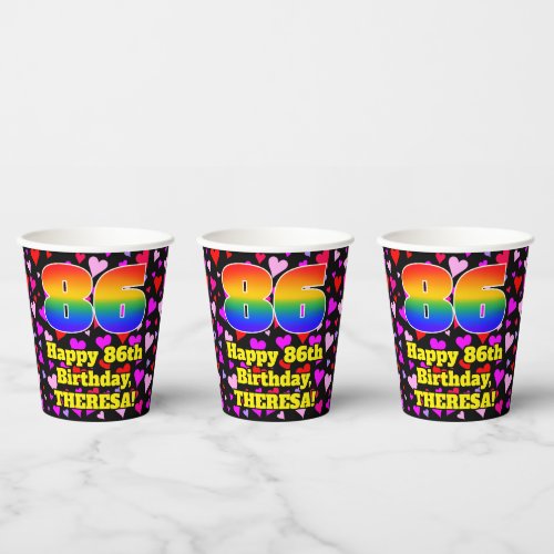 86th Birthday Loving Hearts Pattern Rainbow 86 Paper Cups