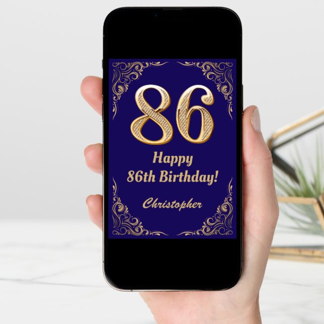 86th Birthday Navy Blue and Gold Glitter Frame Card (Front Digital)